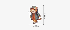 Détail d'un autocollant chat orange style urbain avec dimensions de 5,99cm x 4,52cm