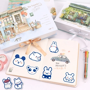 Ins style blue animal stickers set with illustrated notebook and gift box stationery kit