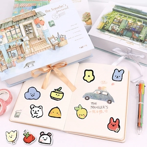 Close-up of cute cartoon sticker set with animal patterns and journal supplies