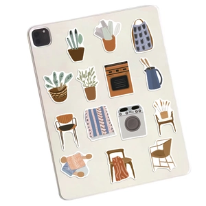 Nordic cartoon stickers showing home decor patterns like plants and appliances on iPad case