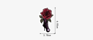 Detailed view of punk rose and high heel boot sticker with dimensions 6.05cm x 3.78cm