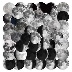 Detailed macro view of 50 moon phase stickers featuring realistic lunar craters and surface