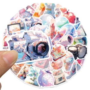 Dreamy pastel waterproof stickers set with camera and lifestyle icons for laptop decor