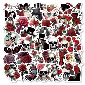 Detailed view of Gothic punk stickers featuring red roses, skulls, and vintage clock designs