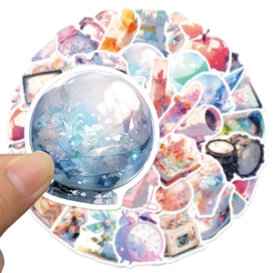 Close-up of pastel watercolor stickers set showing various dreamy aesthetic icons