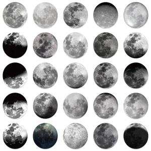 50pcs Moon Phase stickers showing detailed lunar craters in a neat 5x5 grid layout