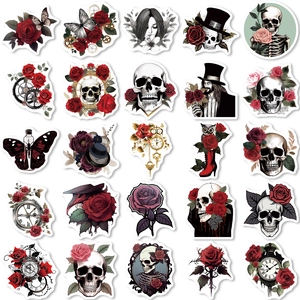 50 Gothic punk stickers featuring red roses and skulls for laptops and skateboards