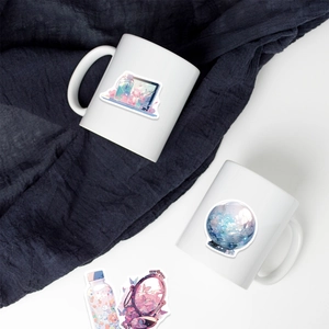 Close-up of aesthetic waterproof stickers featuring dreamy crystal ball and mirror designs