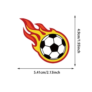 Soccer ball sticker with red and yellow flames design measuring 5.41cm by 4.9cm