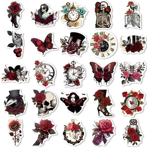 Set of 25 gothic punk skull and red rose waterproof vinyl stickers for laptops and helmets