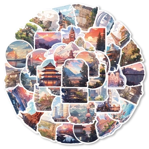 Vue détaillée de 50 autocollants de paysages de voyage vintage pour décoration DIY