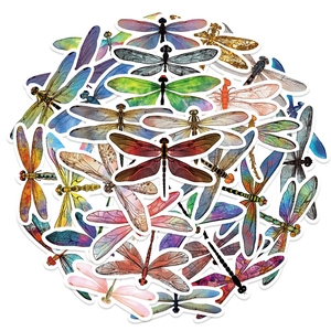 Detailed view of assorted colorful dragonfly stickers in various artistic styles and colors