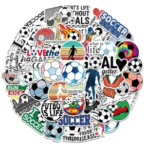 Macro view of 50pcs waterproof football theme stickers with vibrant soccer patterns