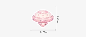 Detail view of pink UFO cartoon sticker showing dimensions 5.79cm by 4.69cm for DIY projects