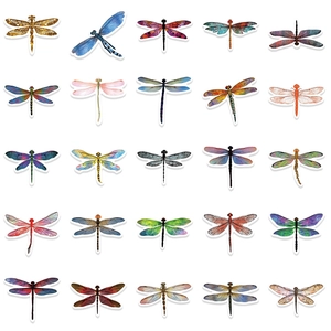 Detail showing 25 unique dragonfly stickers with colorful watercolor and artistic designs