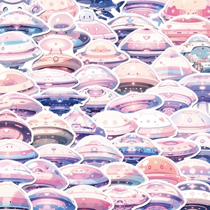 Stack of colorful cartoon UFO and spaceship stickers in soft pastel pink and blue tones