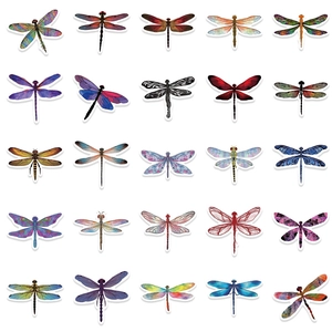 Pack of 25 colorful dragonfly stickers in artistic styles for laptop and luggage decor