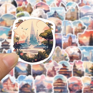 Gros plan d'autocollants de paysages pour valises montrant des illustrations de voyage