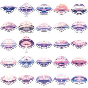50pcs cute cartoon UFO spaceship graffiti stickers in pink and blue pastel colors