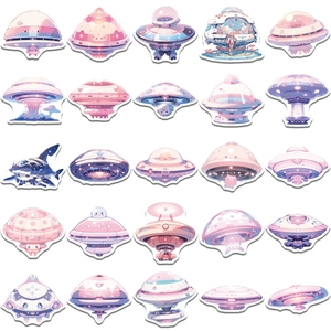 50pcs set of pastel sci-fi UFO stickers with cartoon alien spaceships and whale crafts
