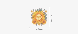 Detailed size specifications of sun and sunflower decorative sticker showing dimensions