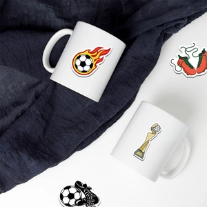 Waterproof football stickers on white ceramic mugs with trophy and sport shoe designs