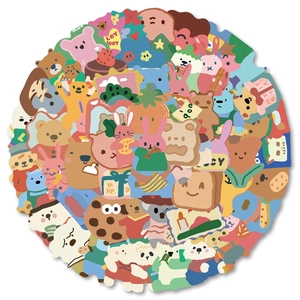 Detailed view of cute cartoon animal stickers featuring rabbits, bears and food patterns