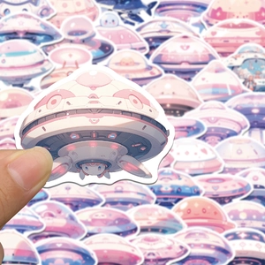 Macro shot of a cartoon UFO sticker with soft pastel colors for DIY decoration