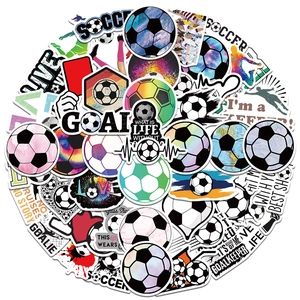 Flat lay of 50 diverse soccer graffiti stickers featuring artistic designs and slogans
