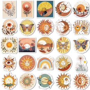 Detail of 25 bohemian sun and moon stickers with tarot aesthetic patterns on white background