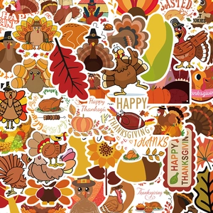 Detailed view of Thanksgiving stickers featuring turkeys, pumpkins and maple leaves