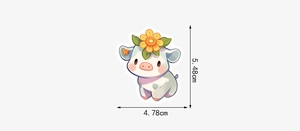 Detail view of a cute cartoon cow sticker showing precise dimensions 5.48cm by 4.78cm