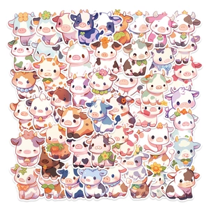 Detail of waterproof cartoon cow stickers in vibrant pastel colors for laptops and bottles