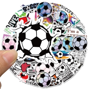 Close-up of waterproof PVC soccer stickers with 3D effects and sports slogans