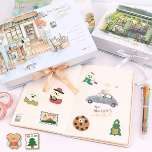 Artistic detail of traveler journal gift box set with stickers and washi tapes