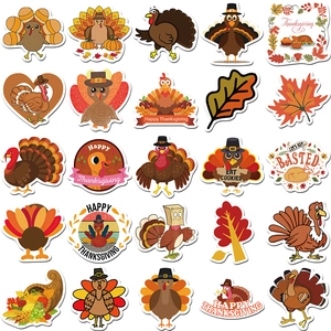 Detailed grid of 25 unique Thanksgiving stickers featuring turkeys, maple leaves and acorns