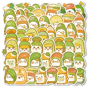 Detailed close-up of waterproof cartoon food stickers featuring avocado and sandwich designs