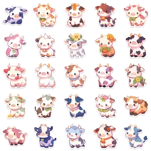 Collection of 25 cute cartoon cow stickers in vibrant colors for water bottles and laptops