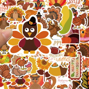 Thanksgiving sticker set featuring cartoon turkeys, pumpkins and sunflowers for party decor