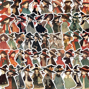 Detailed view of hand-drawn witch stickers with wizard hats and vintage outfits