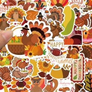 Detail of vibrant Thanksgiving stickers featuring turkeys, pumpkins, and autumn maple leaves
