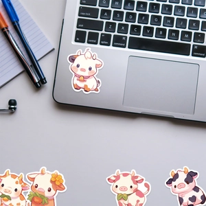 Cute cartoon cow stickers on laptop with office stationery for laptop decoration