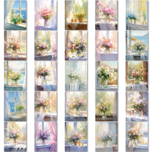 Matrix-Ansicht von 25 Blumen-Ölgemälde Aufklebern mit Fensterbänken und Blumenvasen