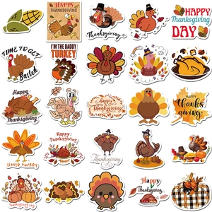 Detailed grid of 25 unique Thanksgiving turkey and autumn maple leaf stickers