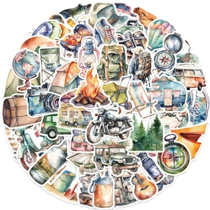 Détails d'autocollants aquarelle sur le thème du camping et du voyage en plein air