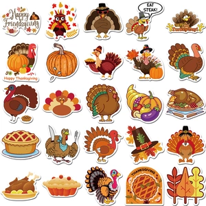 Detailed grid of cartoon Thanksgiving stickers with turkeys, pumpkins, and festive autumn icons