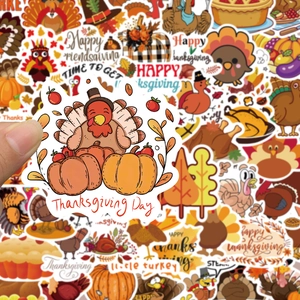 Detail of colorful Thanksgiving stickers featuring turkeys, pumpkins, and autumn leaves
