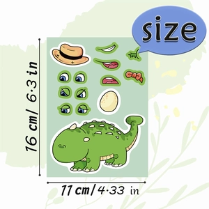 Detailed size chart for waterproof DIY cartoon dinosaur stickers showing 16cm by 11cm dimensions