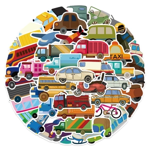 Close-up of waterproof cartoon vehicle stickers featuring colorful taxi, bus and airplane