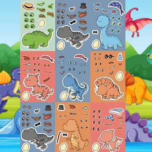 Detailed grid view of 9 unique dinosaur DIY face stickers for creative children handicrafts
